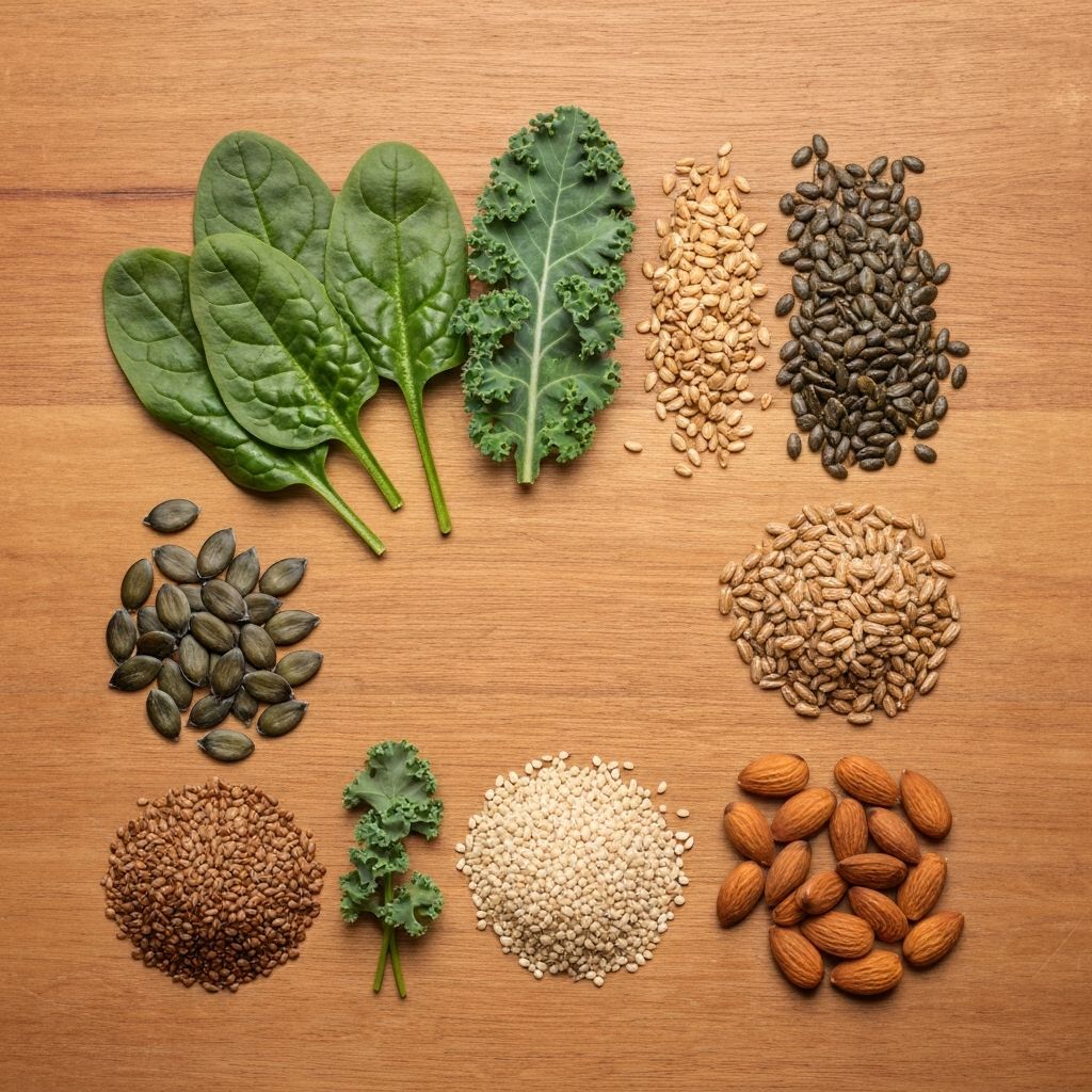 Magnesium-rich foods including leafy greens and seeds
